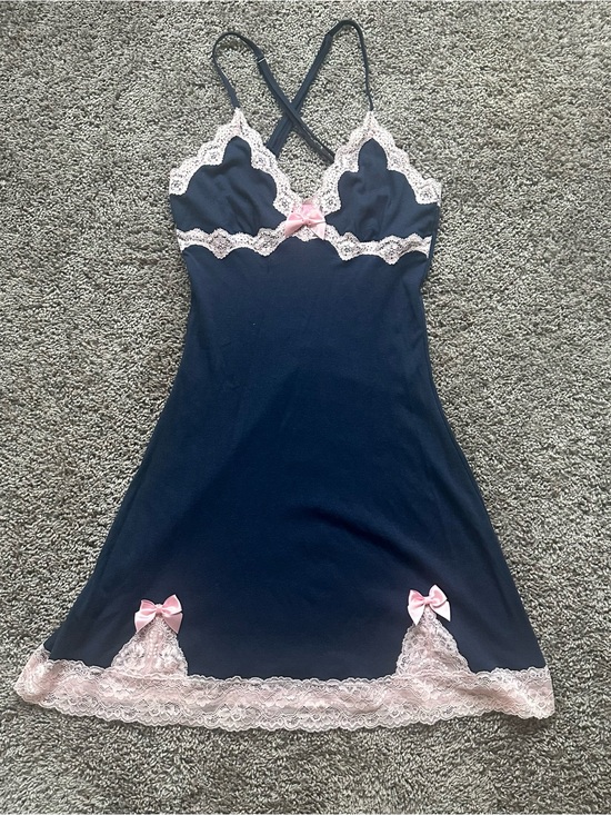 Sugar Thrillz Dresses & Skirts - Sugar Thrillz Navy Slip Dress with Pink Lace Trim